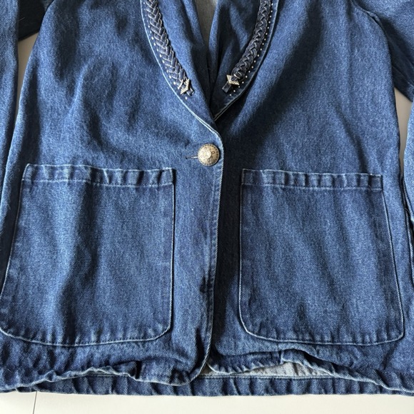 Apache Vintage Denim Cotton Blue Jean Rhinestone Trim Jacket Blazer Women's M - Picture 2 of 8